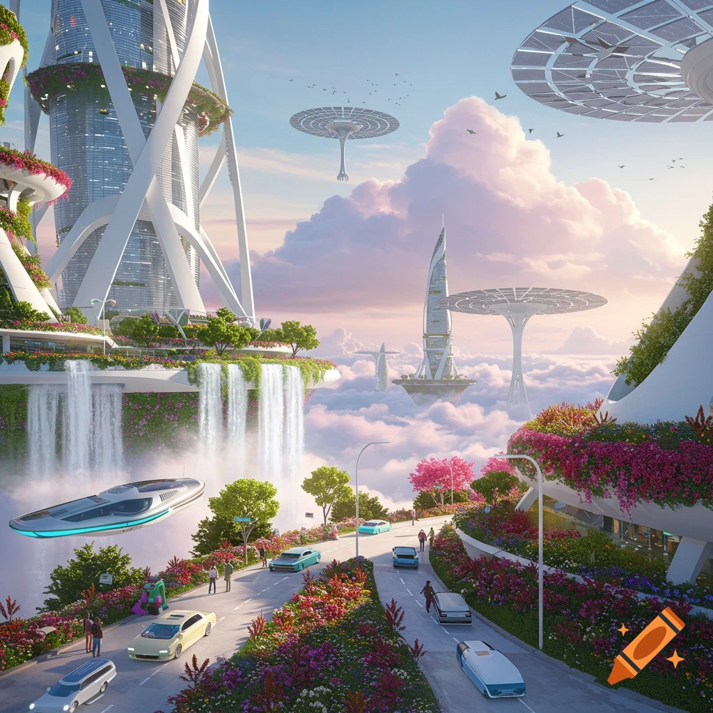 A futuristic city floating among clouds with waterfalls, flying vehicles, cars, and flowering landscapes.