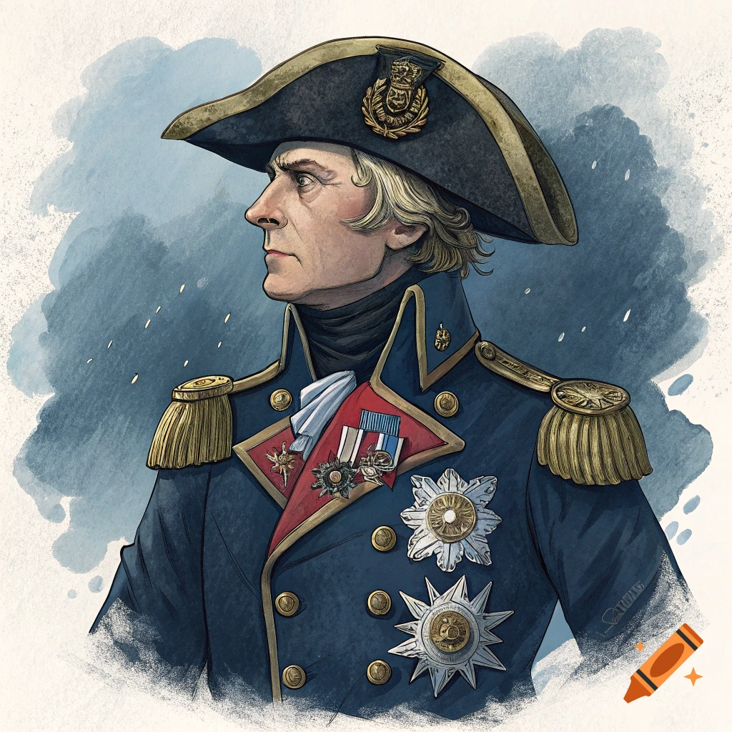 Illustration of a man in a blue historical military uniform and bicorne hat, rendered in a watercolor style.