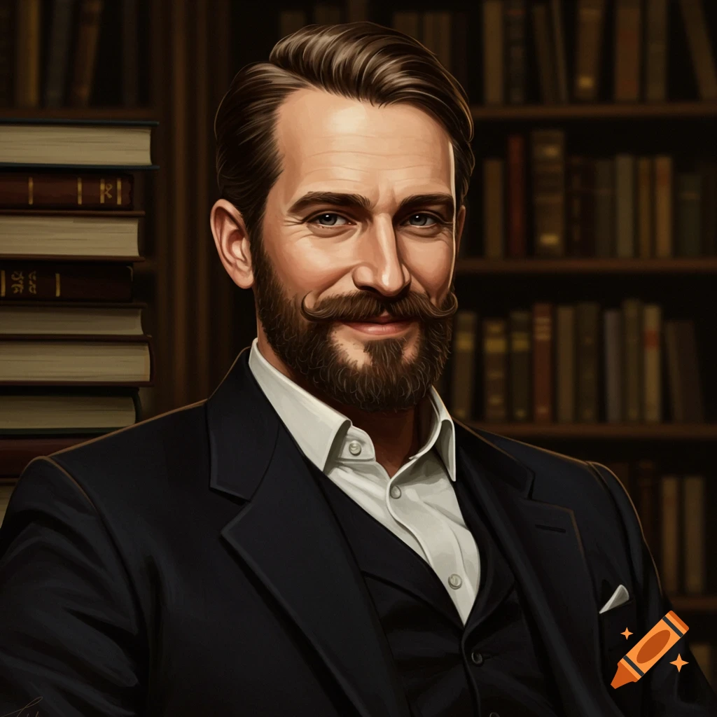 A man with a beard and mustache in a suit, sitting in front of a bookshelf.