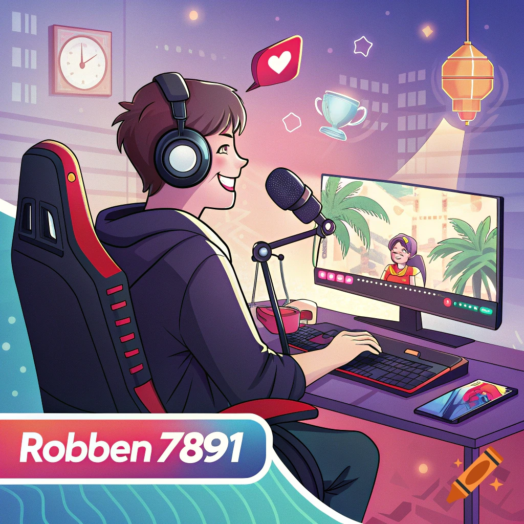 Cartoon illustration of a person streaming games from a desk with a microphone, computer monitor, and gaming chair.
