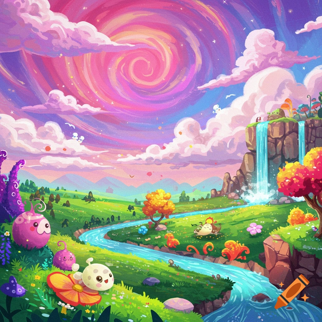A vibrant, whimsical fantasy landscape with cartoon creatures, a river, waterfall, and a swirling pink and purple sky.