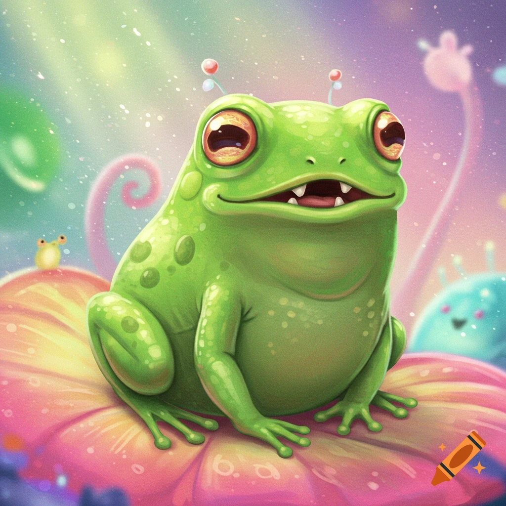 A bright green cartoon frog with large eyes sits on a large pink flower in a sparkling fantasy setting.