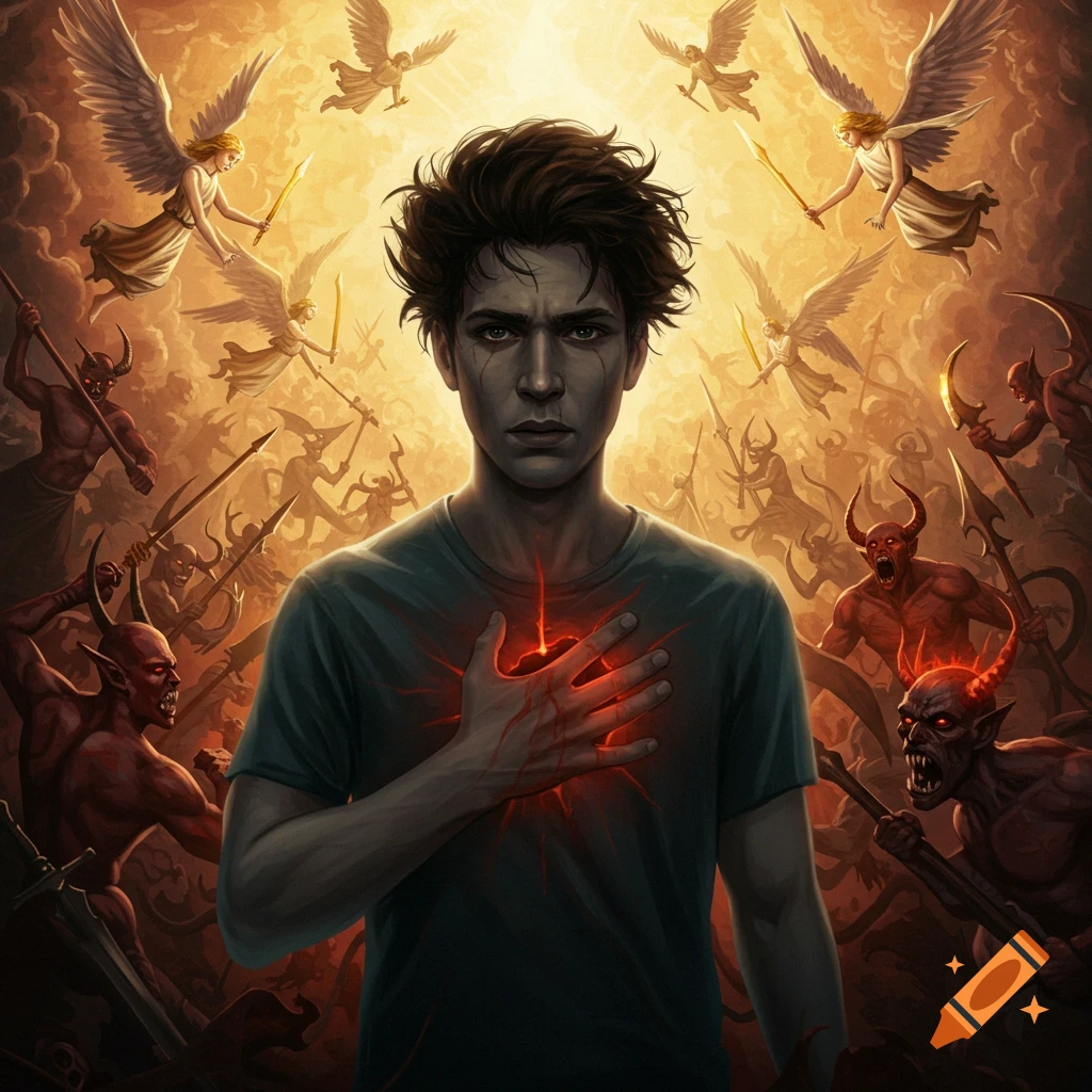 A figure with a glowing chest between battling angels and demons.