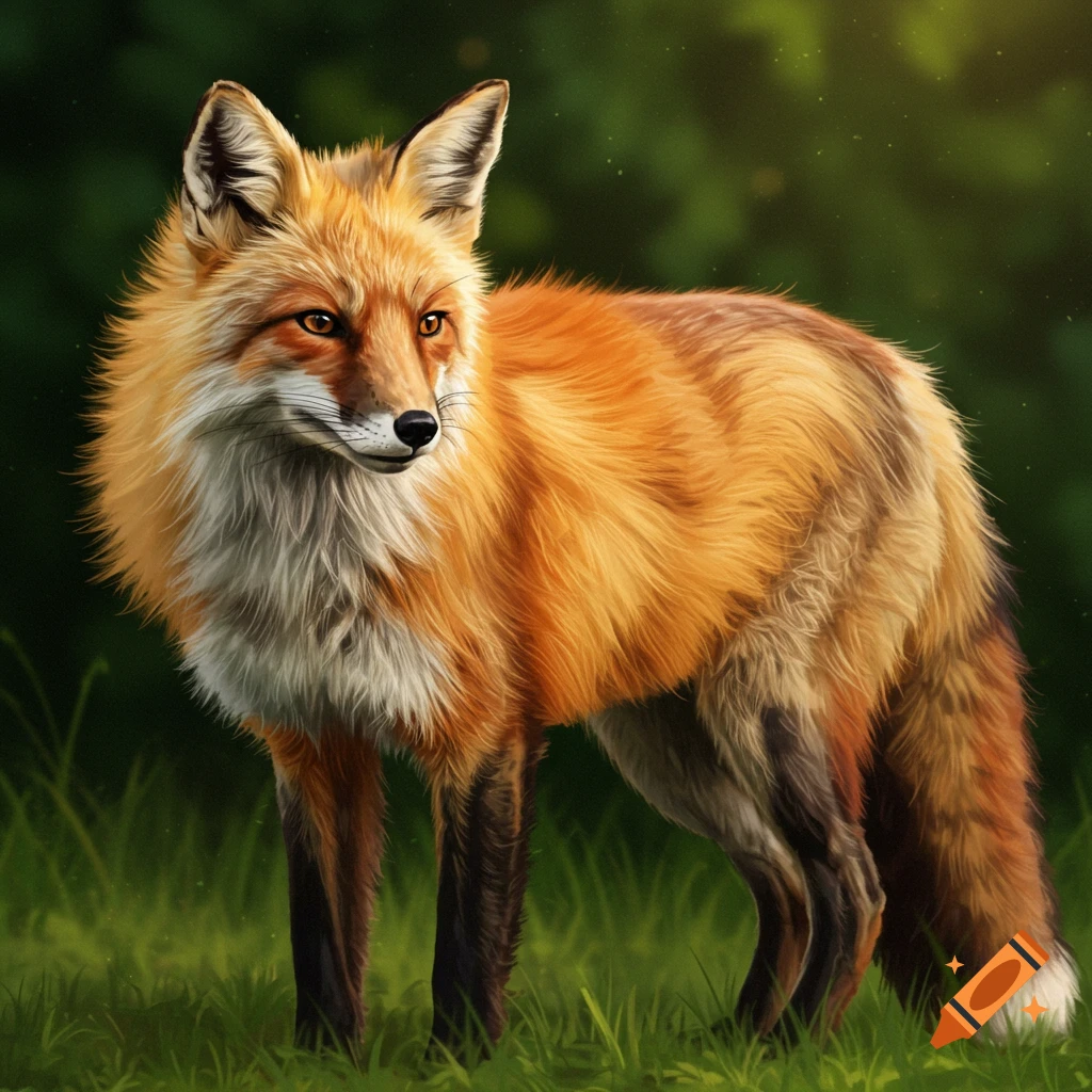 A red fox standing in grass.