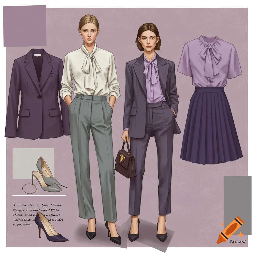 Illustration of two women in professional suits with coordinating blouses, skirts, and shoes.