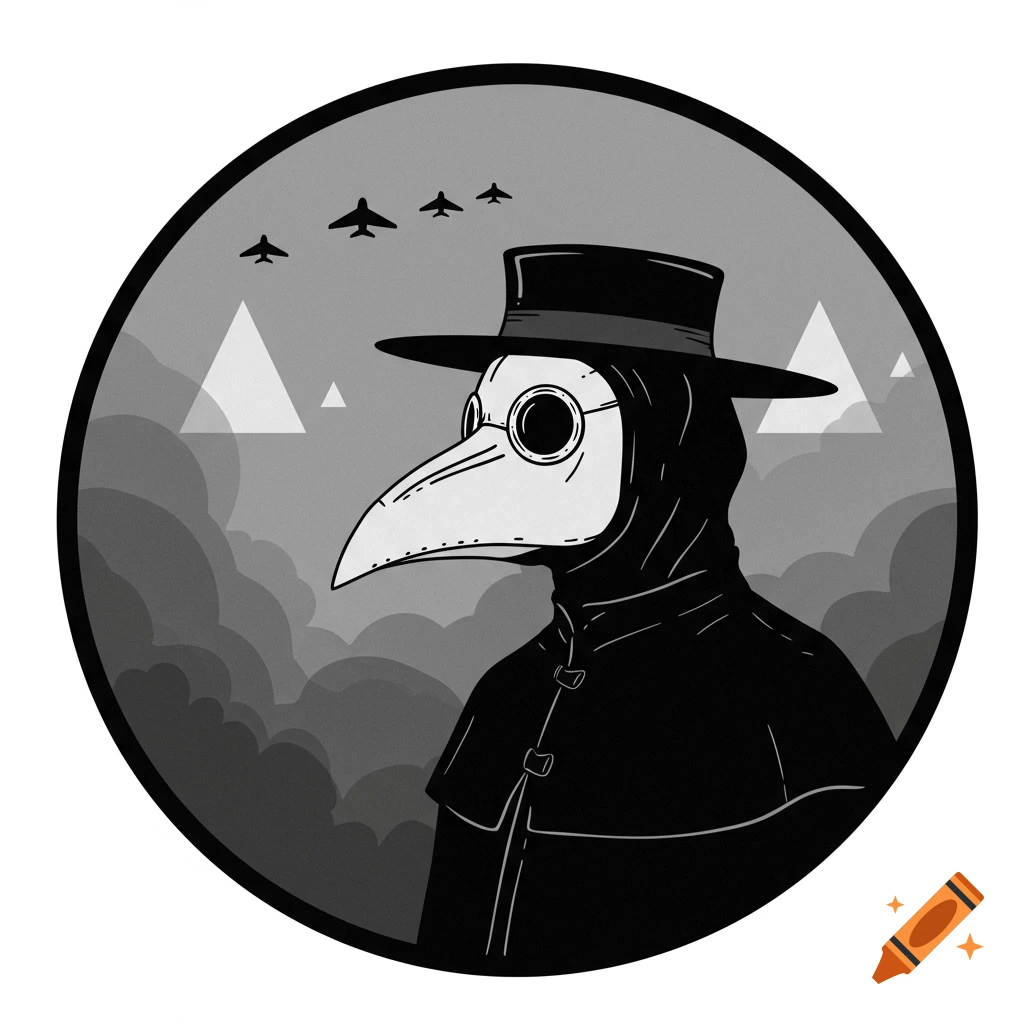 Illustration of a plague doctor looking up at airplanes flying over mountains and clouds in a circular frame.