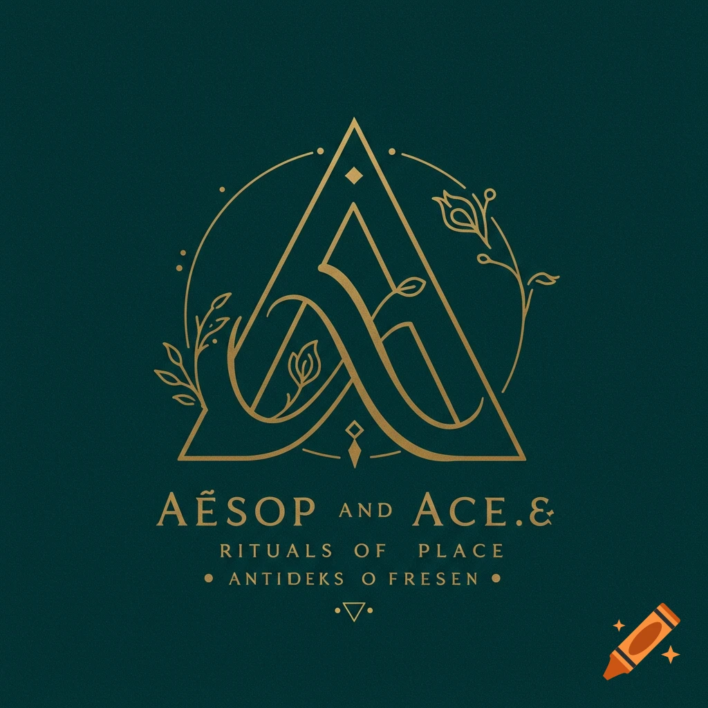 Golden logo on dark green background with intertwined 'A's, floral elements, and text 'AESOP and ACE: RITUALS OF PLACE'.