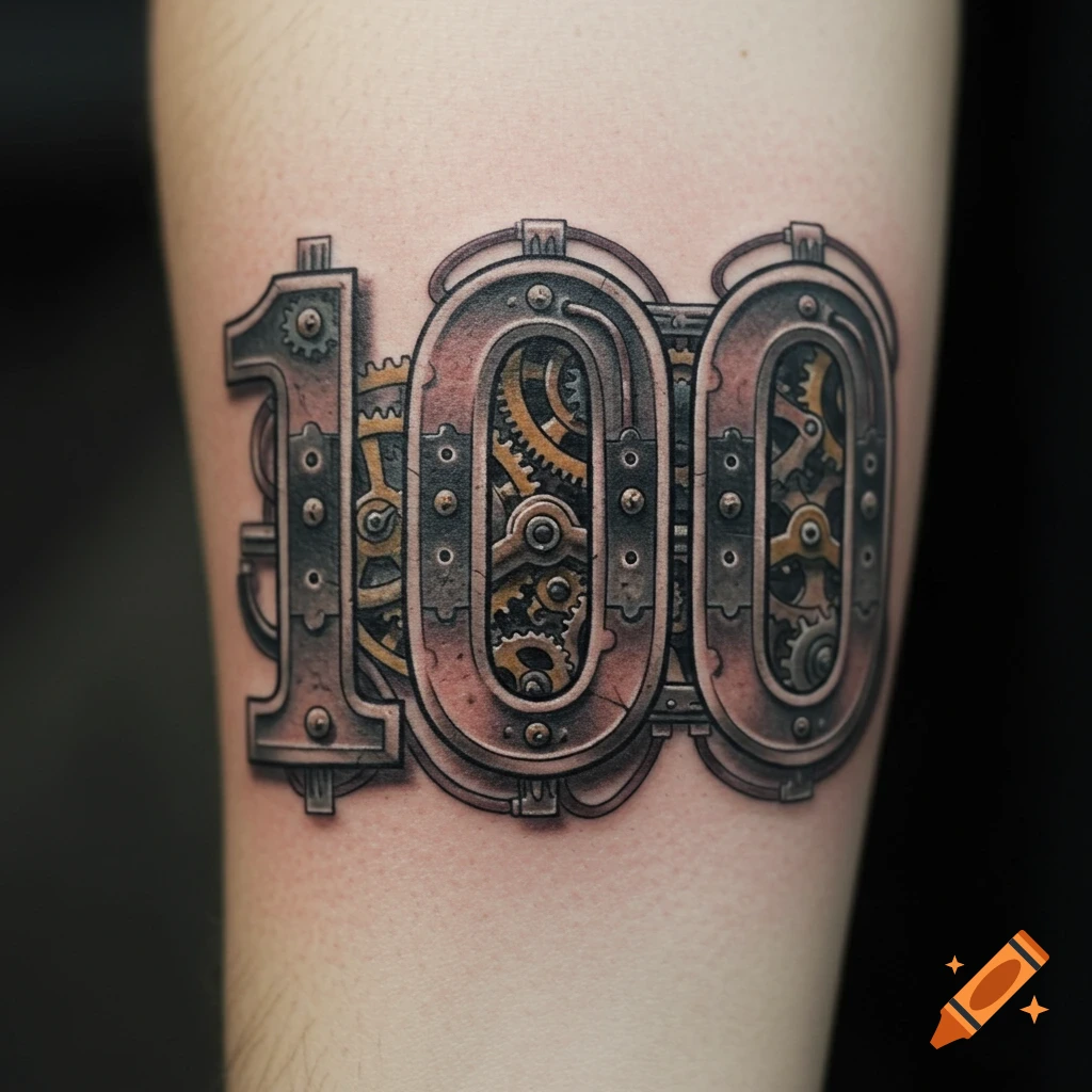 Steampunk style tattoo of the number 100 with gears and rivets on an arm