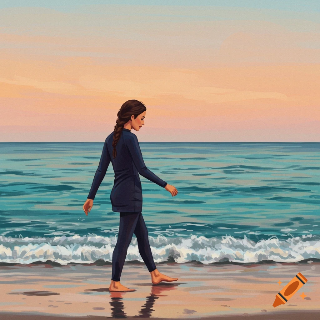 A woman walks on the beach by the ocean.