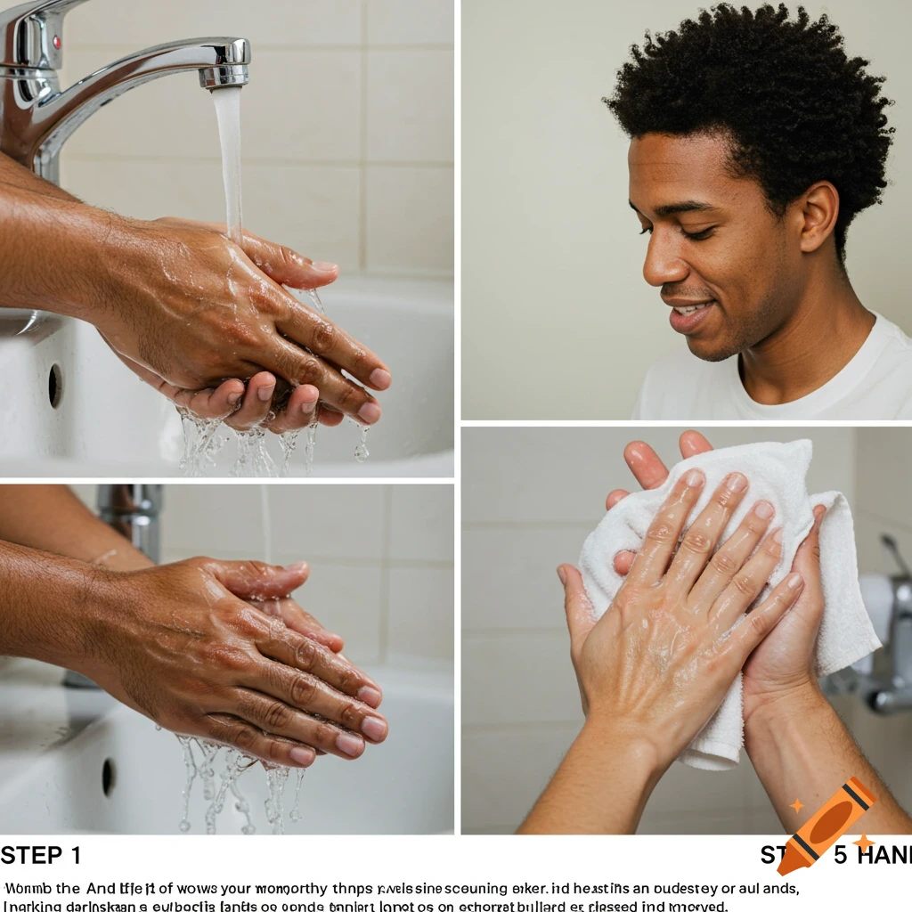 Four-panel guide shows step-by-step photos of washing hands, including rinsing, rubbing, drying, and a portrait of a smiling person.