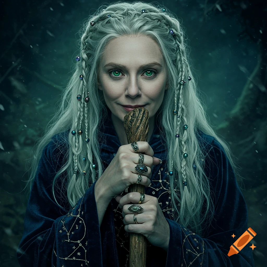Woman with white braided hair, green eyes, blue velvet robe holds staff in snowy forest.