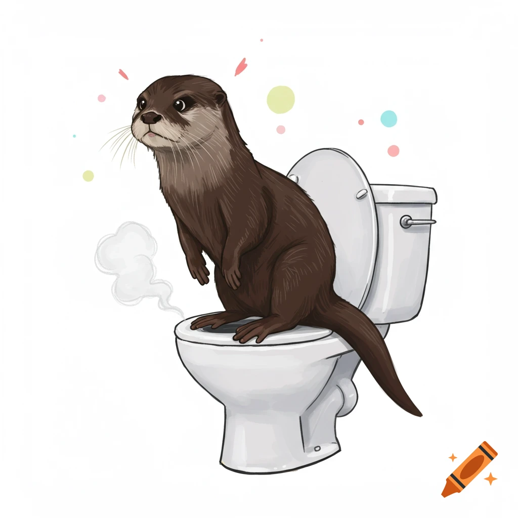 Cartoon otter sitting on a toilet