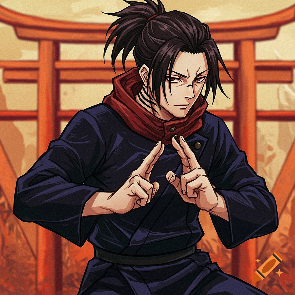 An anime character with black hair pulled back, wearing dark clothes and a red scarf, making hand signs