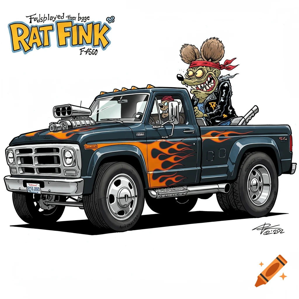 Cartoon Rat Fink character driving a stylized pickup truck with flames