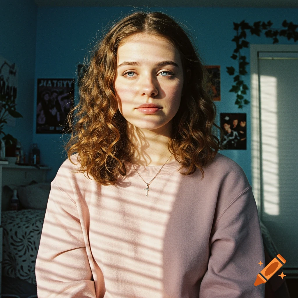A young woman with wavy brown hair and blue eyes wears a pink sweatshirt and cross necklace in a sunlit bedroom.