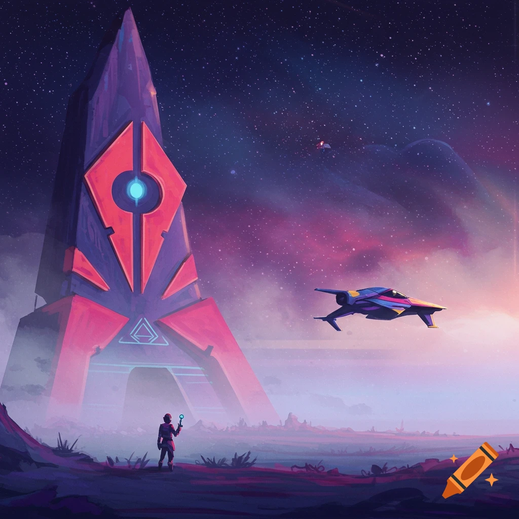 A person stands before a large futuristic structure under a nebula-filled starry sky with a spaceship flying nearby.