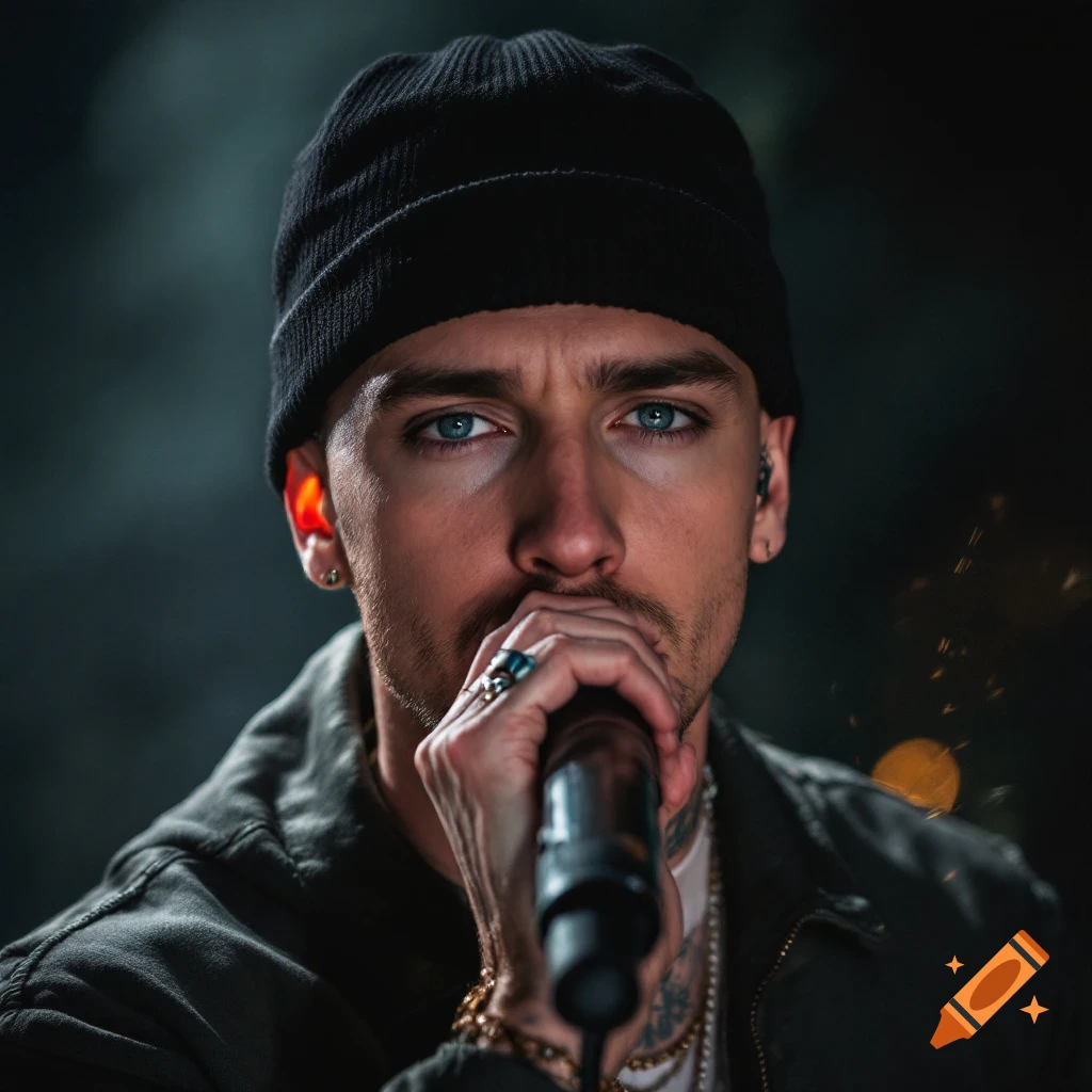 Close-up portrait of a man with blue eyes singing into a microphone.