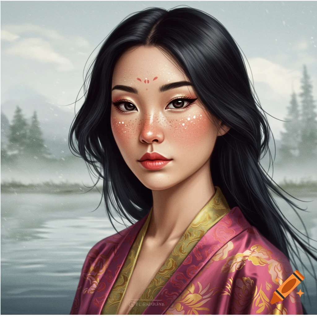 A woman in a pink and gold robe with freckles and makeup, set against a misty landscape.