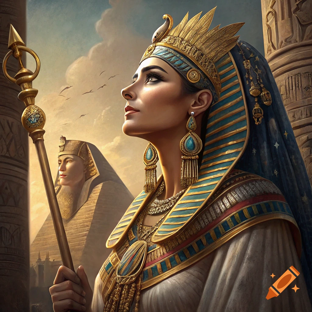 A realistic portrait of a woman dressed as Cleopatra, holding a staff, with a sphinx and pyramid in the background.