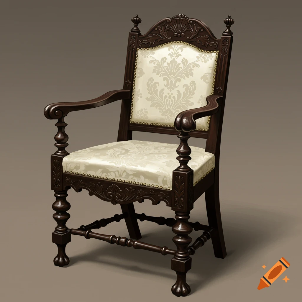 An ornate dark wood chair with light patterned upholstery is placed against a brown background.