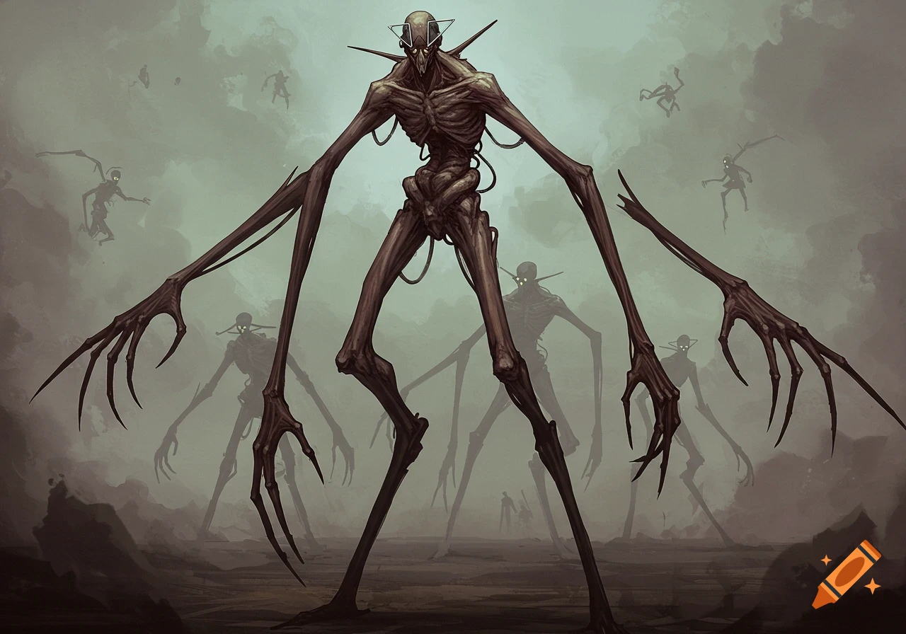 Tall, thin monstrous creatures with long limbs and glowing eyes are shown in a misty, desolate landscape.
