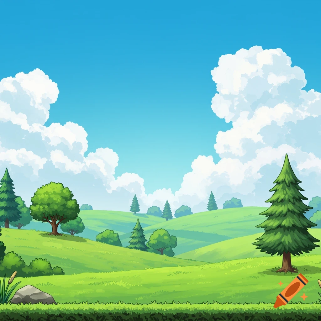 A bright 2D illustration of rolling green hills, trees, and a blue sky with fluffy clouds, in a side-scrolling game style.