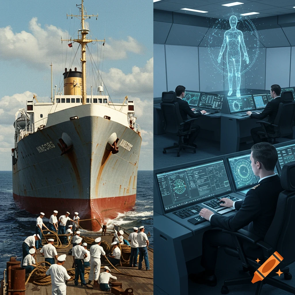 Split image: Left shows old cargo ship with sailors; right shows modern ship control room with officers and hologram. Digital illustration.