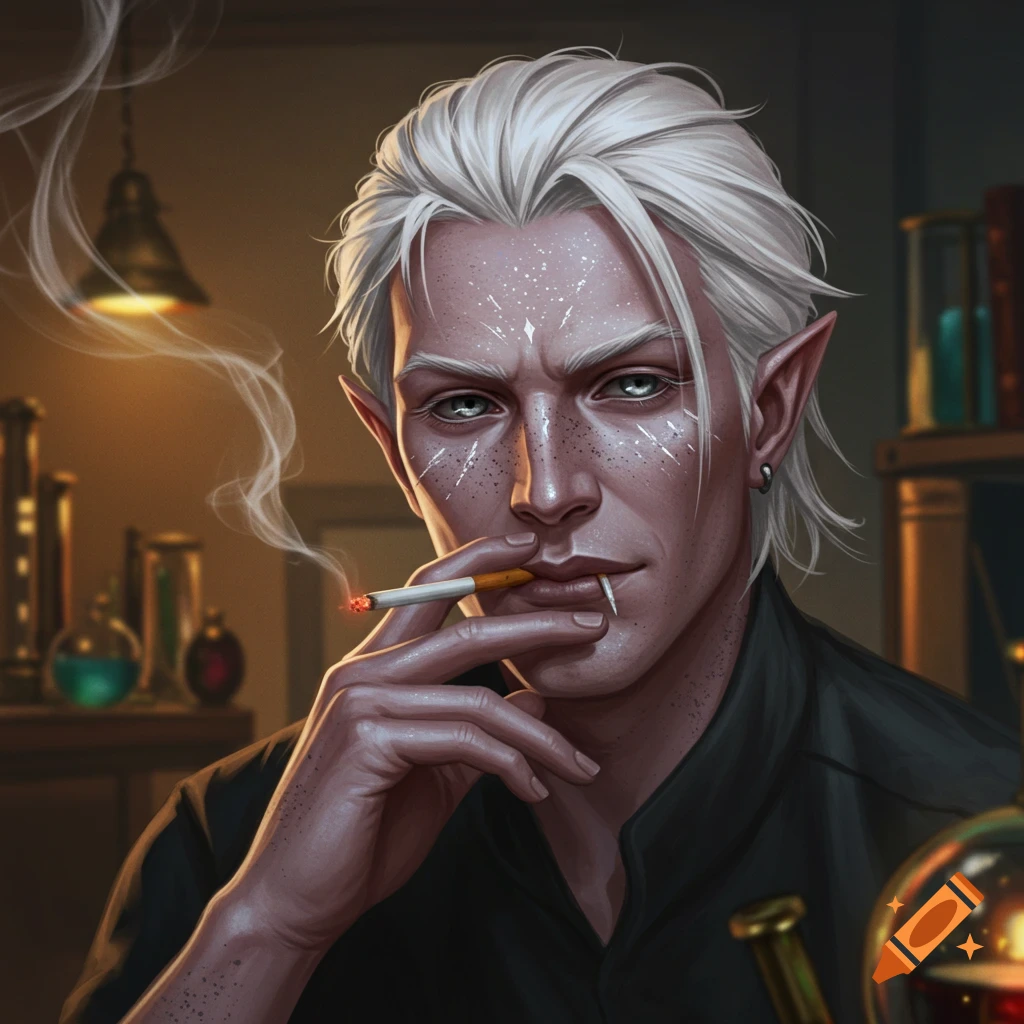 Portrait of a white-haired fantasy character with pointed ears and sparkly face markings, smoking in a lab.