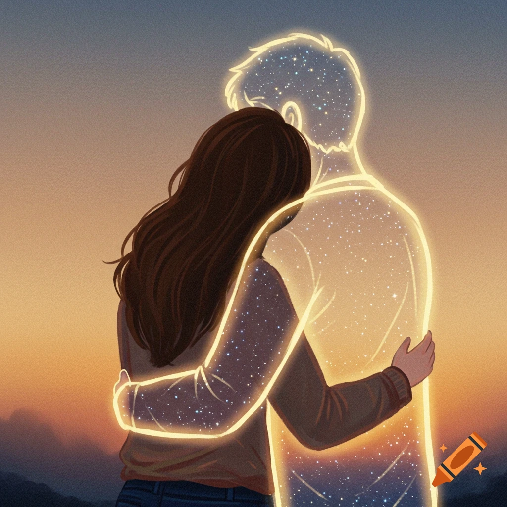 An artistic illustration of a person hugging a glowing, starry outline of another person at sunset.