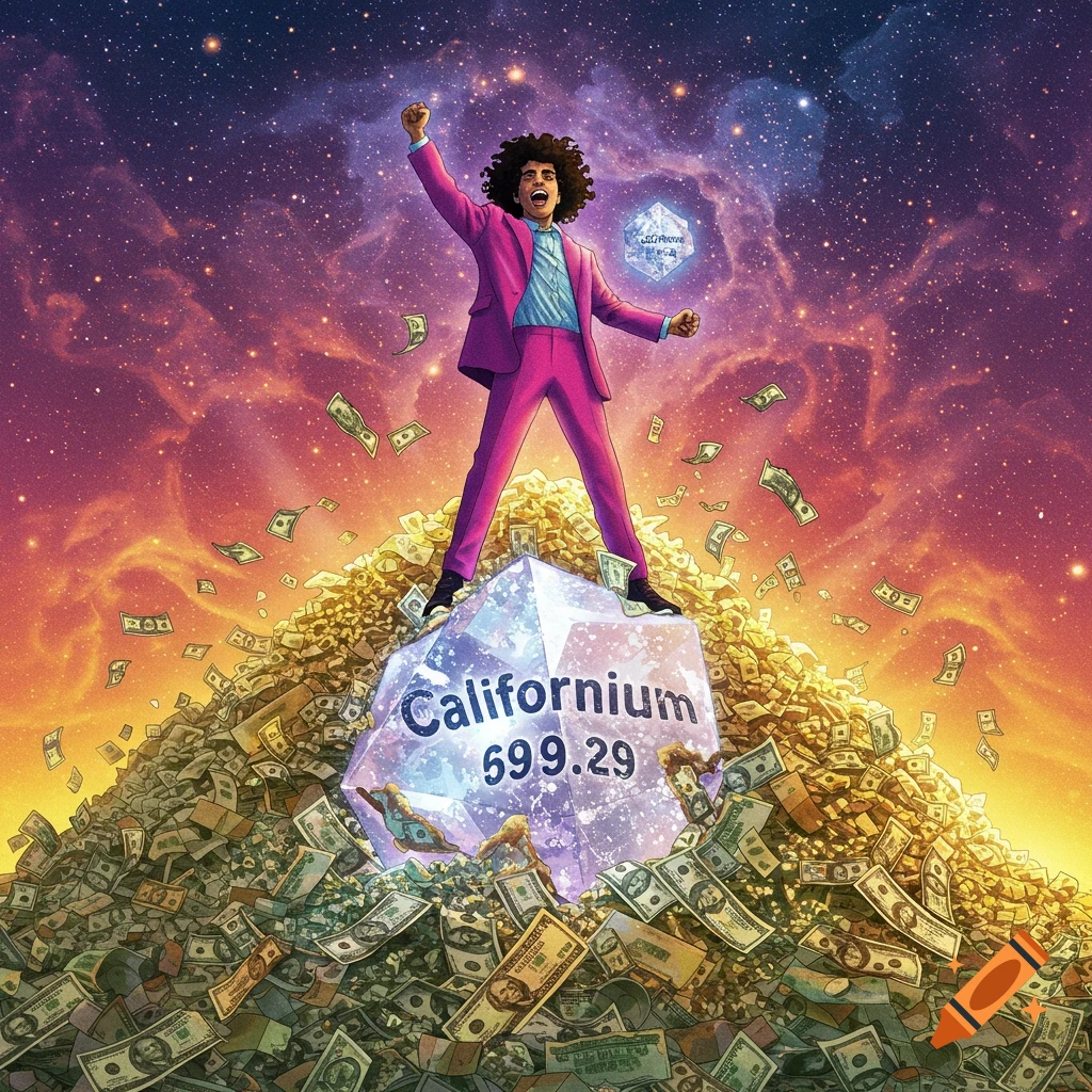 A person in a pink suit stands on a crystal marked 'Californium' atop a mountain of money, with a cosmic sky.