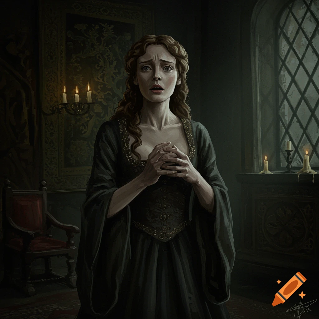 A woman in historical dress looks distressed in a dark room.