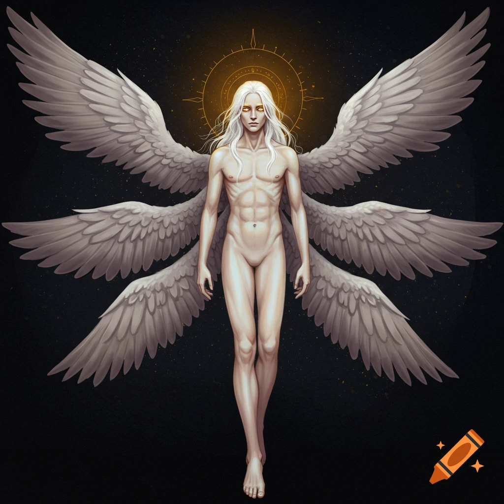 A male angel with multiple white wings, white hair, and golden eyes.