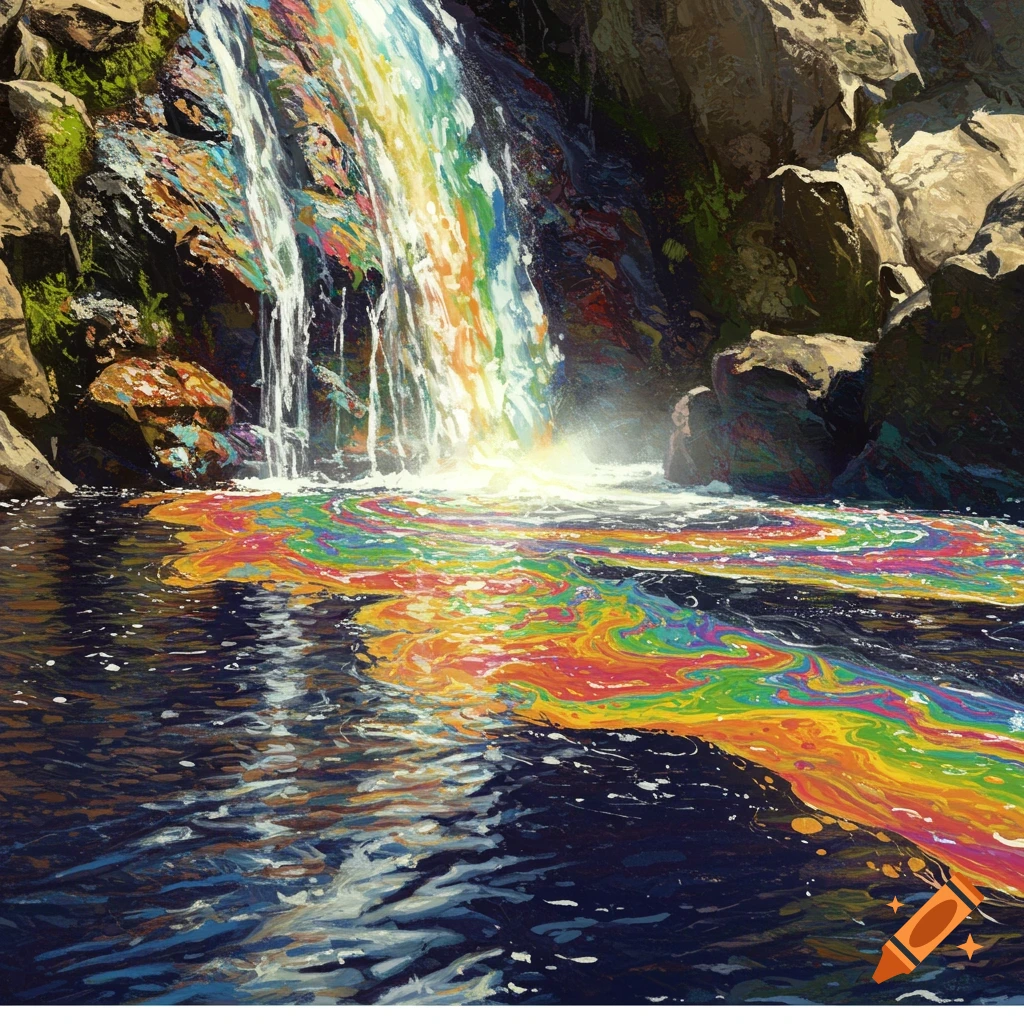 A waterfall with rainbow colors spreading across the water below.