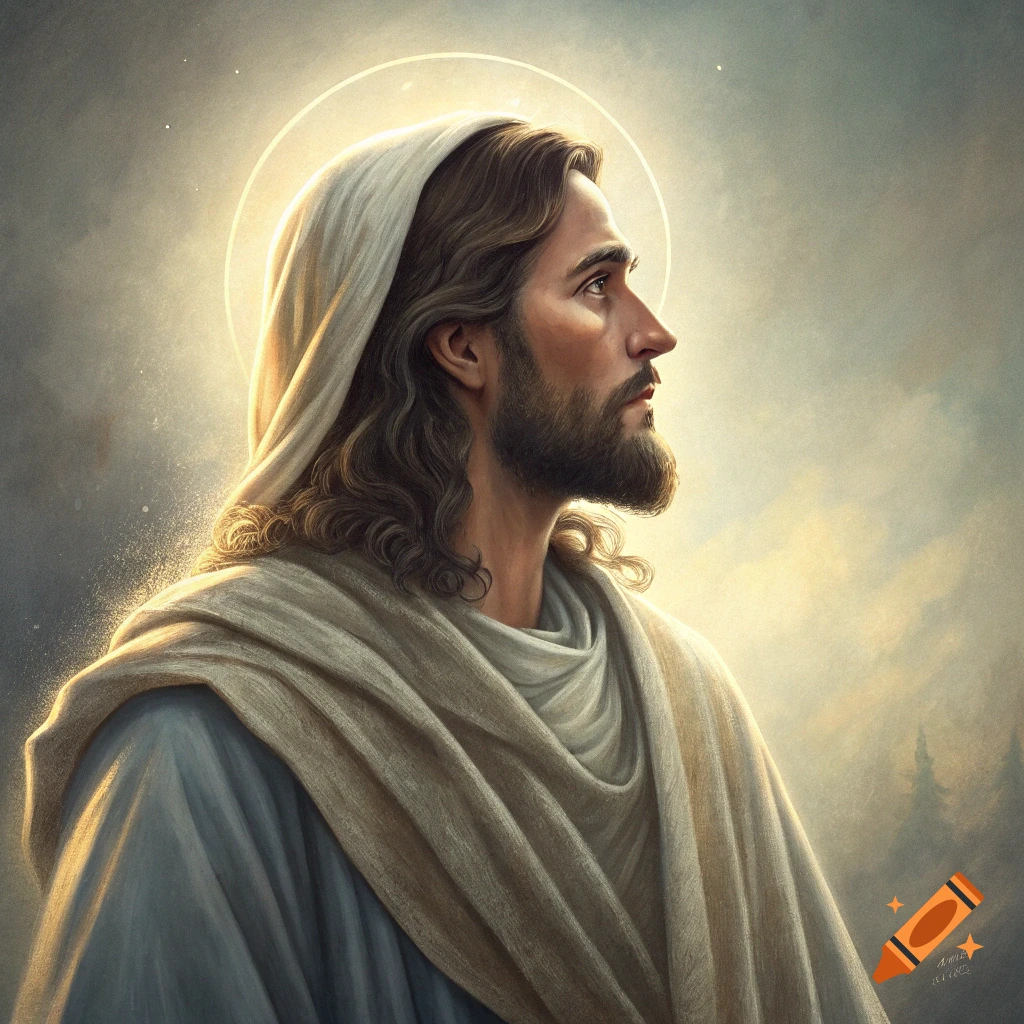 Portrait of Jesus with a halo looking to the right against a cloudy sky.