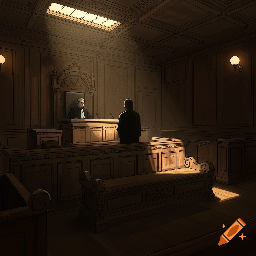 Drawing of a judge behind a bench in a dimly lit courtroom, with a silhouetted figure standing before them.