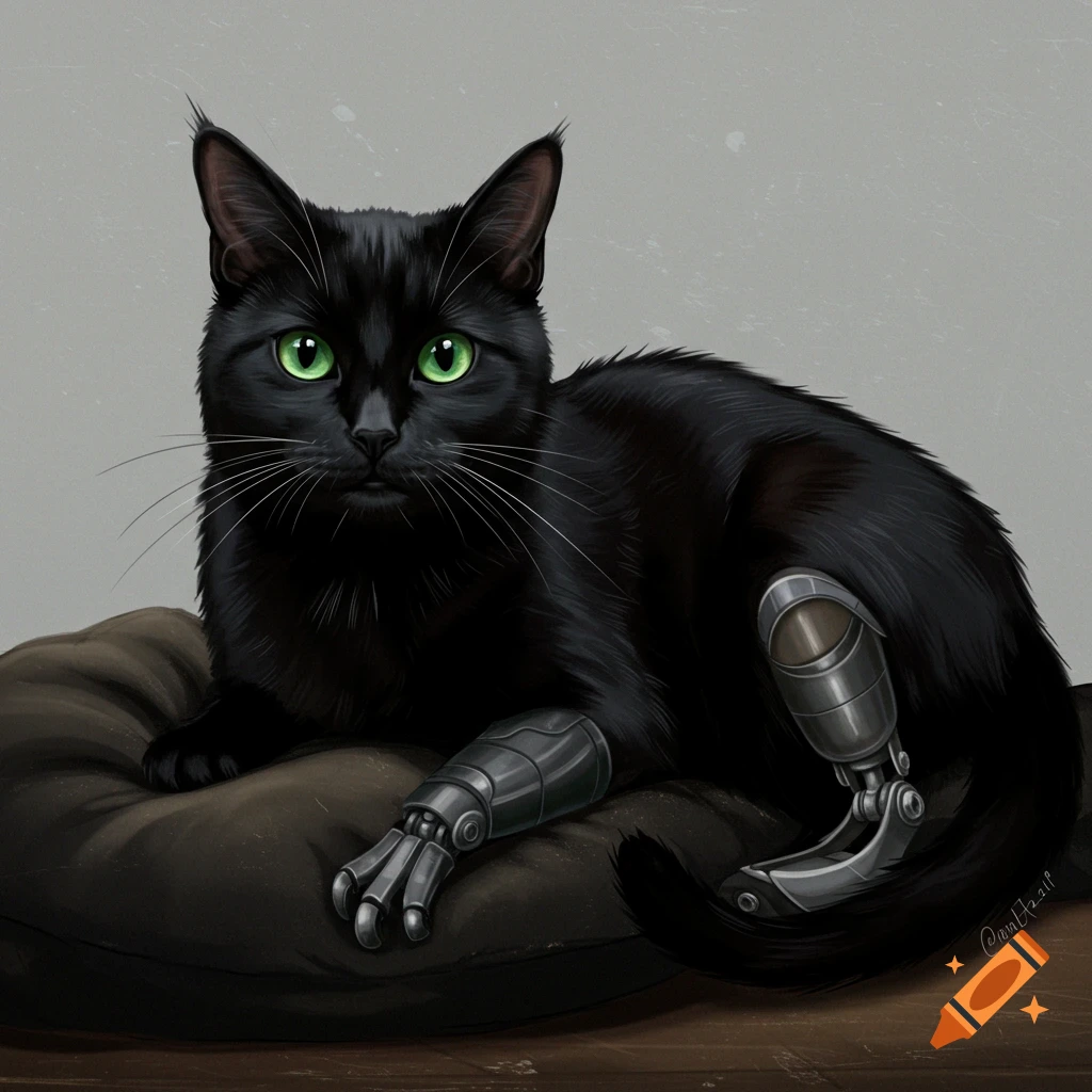 A black cat with green eyes and prosthetic legs, lying on a pillow.