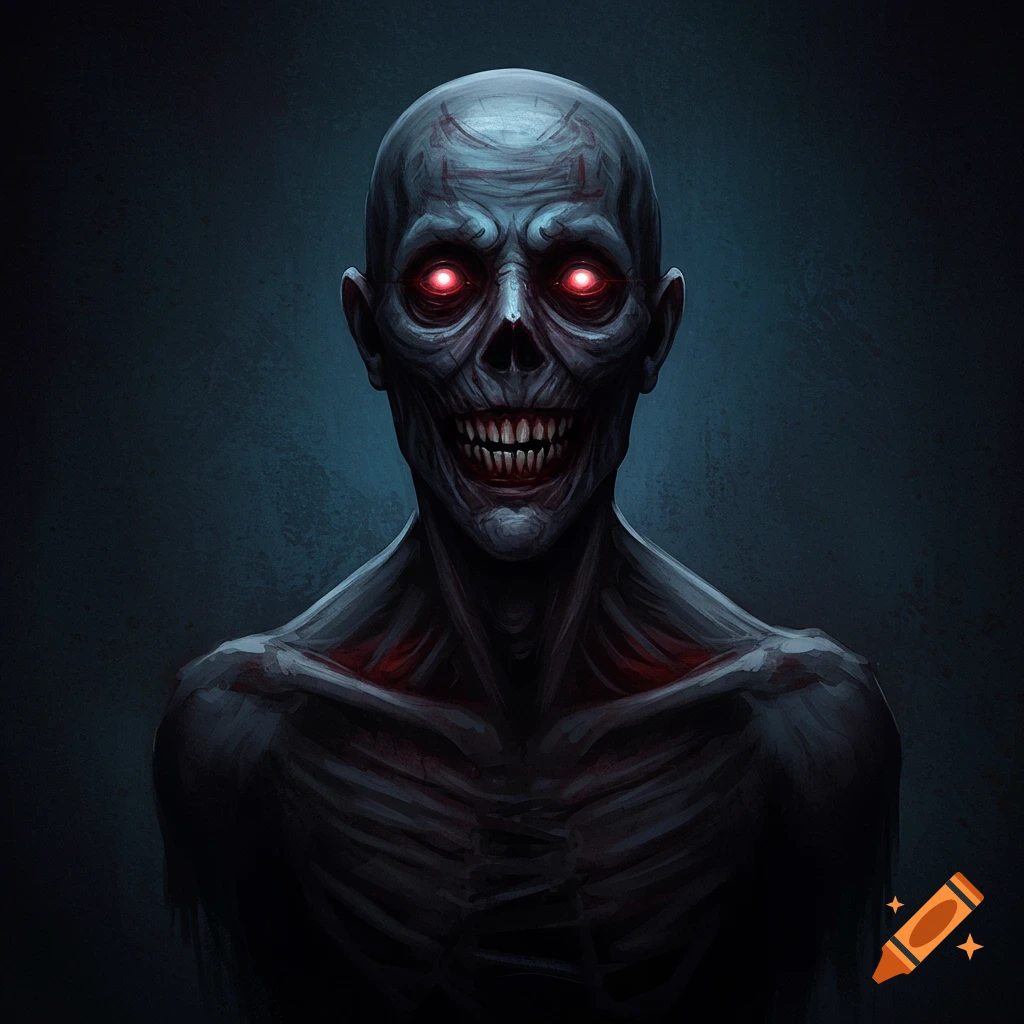 A scary, gaunt creature with glowing red eyes and sharp teeth.