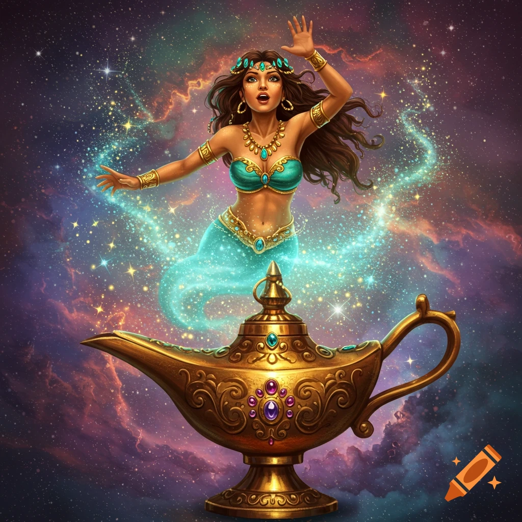A female genie emerges from a golden lamp in a cosmic starry background.