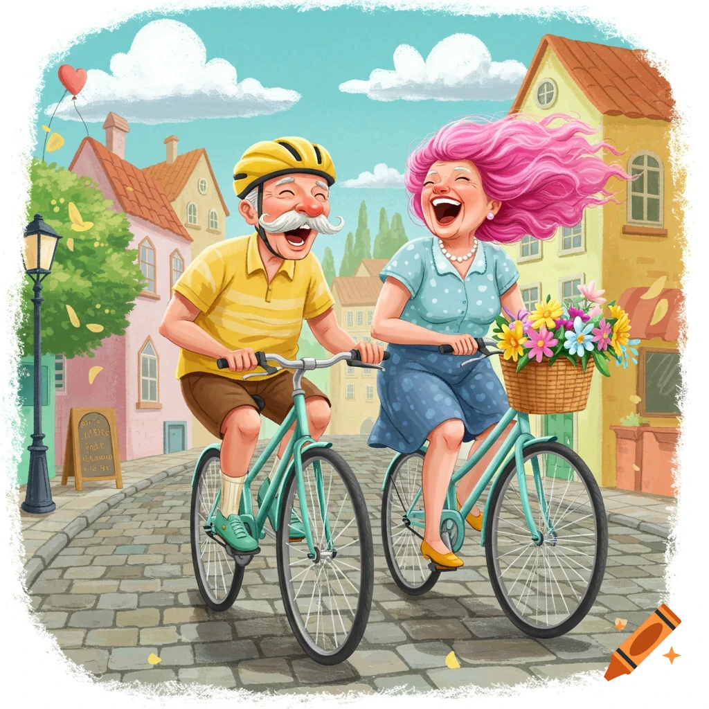 A laughing elderly man and woman ride bicycles through a cobblestone town square.