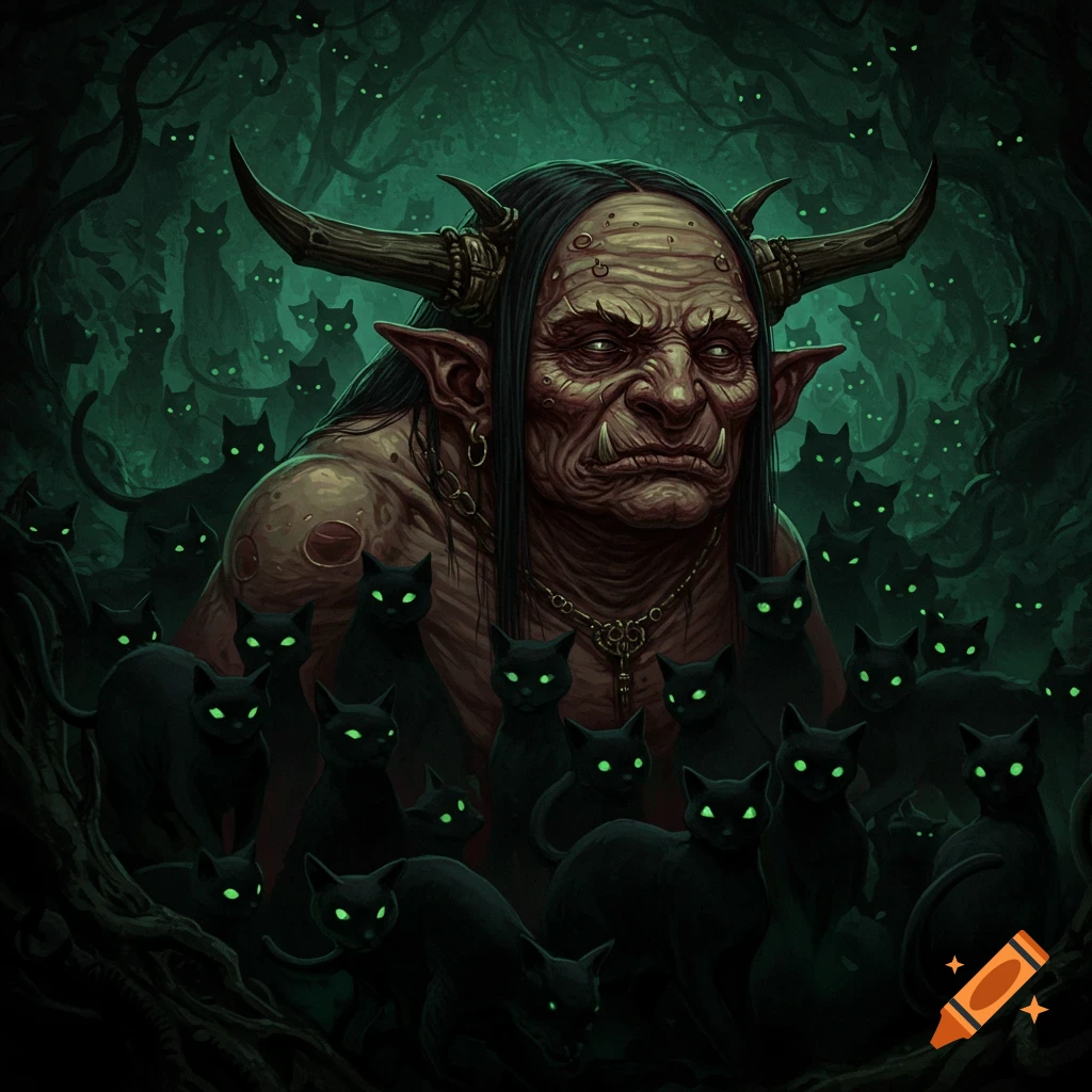 A troll with horns is surrounded by black cats with glowing eyes in a dark forest.