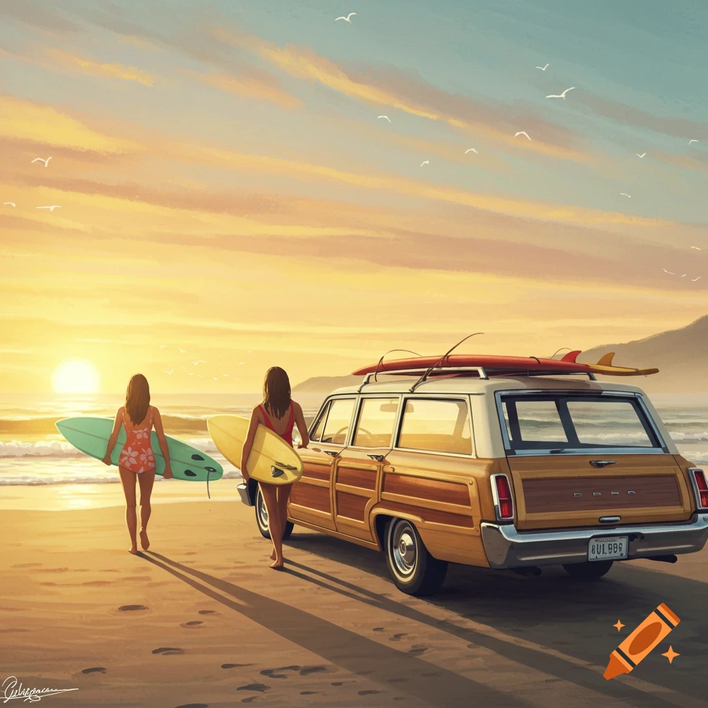 Two women with surfboards walking on a beach at sunset next to a vintage wood-paneled station wagon.