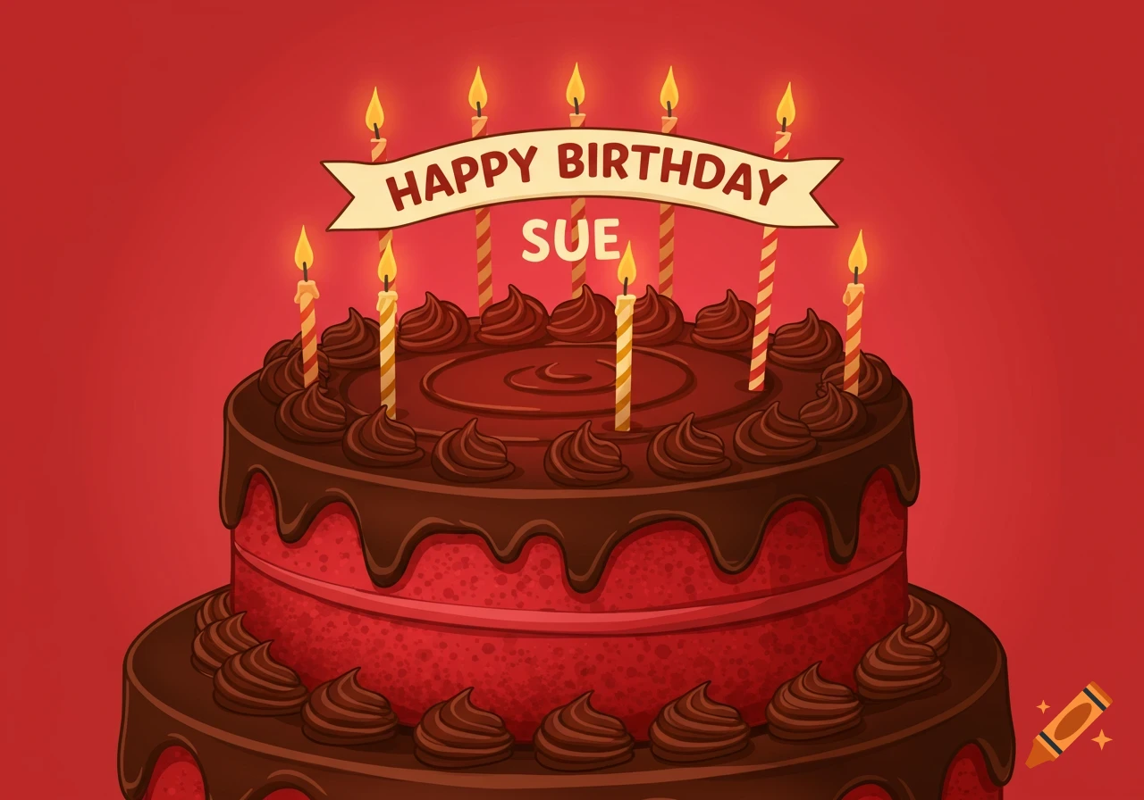 Vector graphic of a red velvet birthday cake with chocolate frosting, candles, and a banner that says "Happy Birthday Sue".