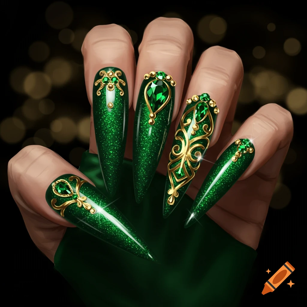 A hand with emerald green stiletto nails decorated with gold accents and green gems.