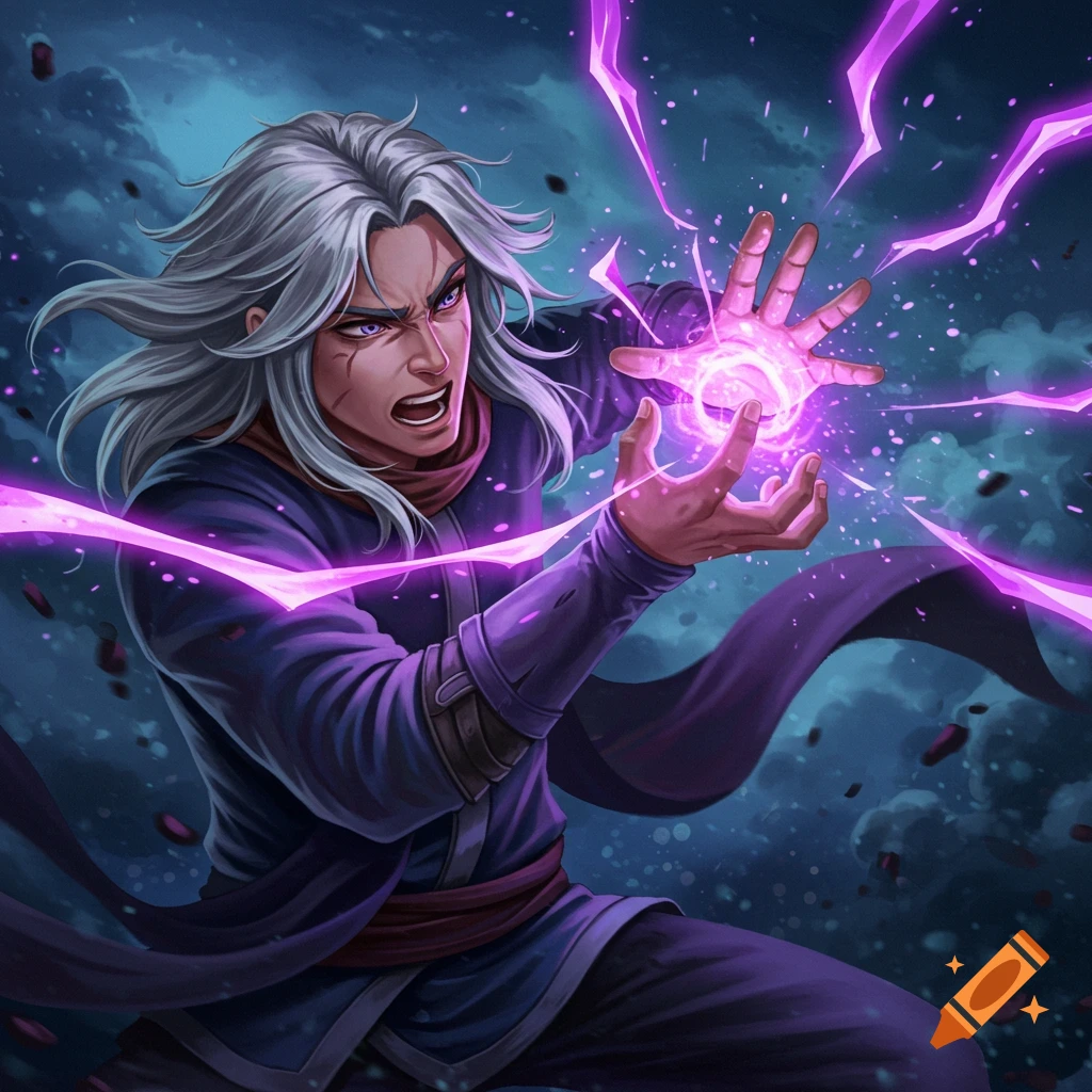 Anime boy with grey hair wielding purple magic.