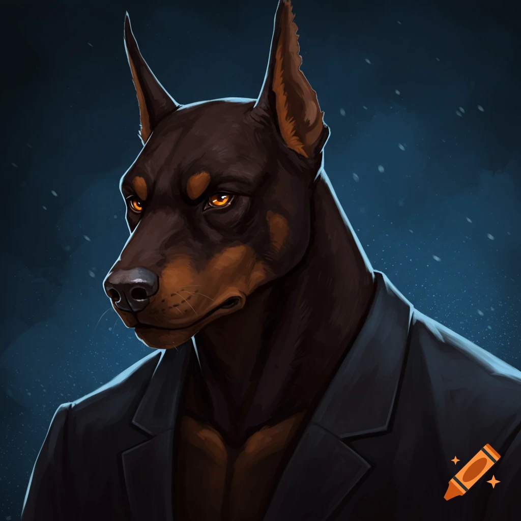 Anthropomorphic Doberman in a dark suit.