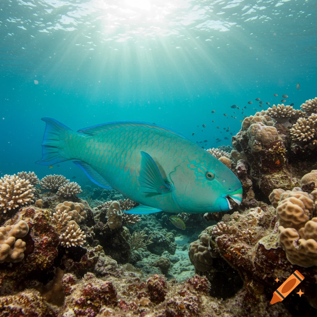 A turquoise parrotfish swims near coral with sun rays from the surface.