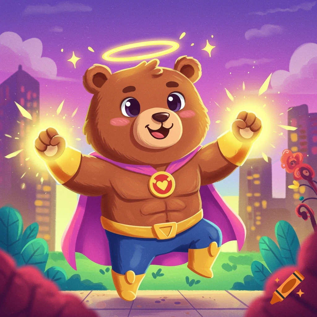 Cartoon superhero bear radiating light and floating over a cityscape.
