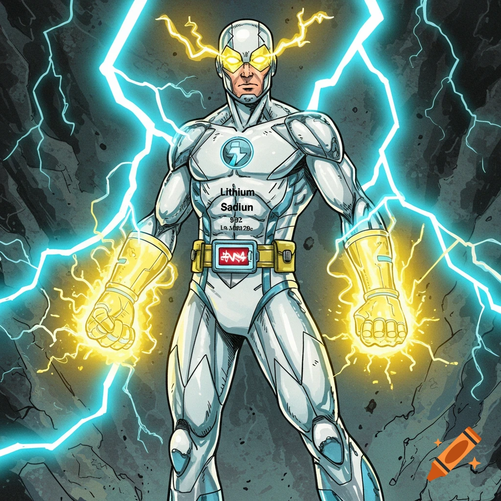 Comic art of a superhero in a white suit with lightning powers and a futuristic belt.