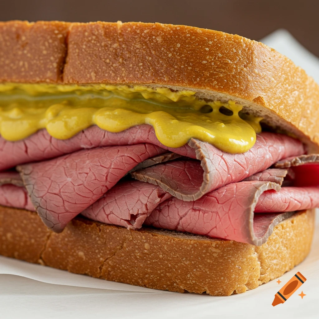 Close-up of a roast beef sandwich with mustard.