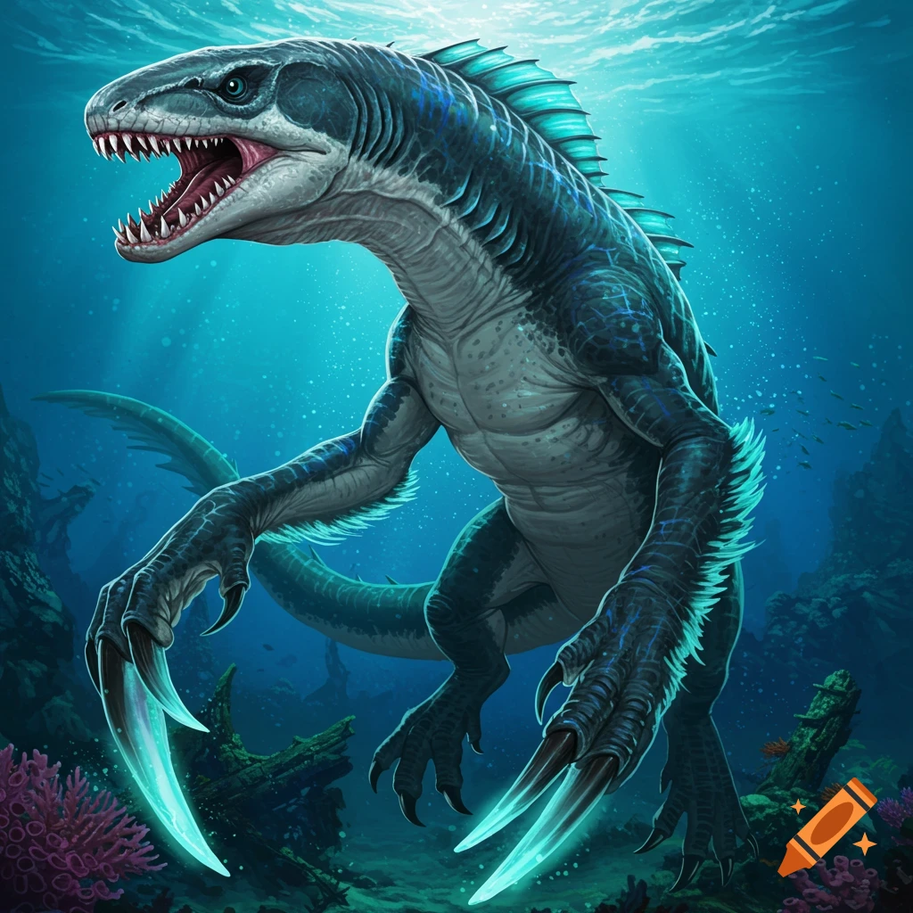 A dinosaur-like aquatic creature with claws underwater.